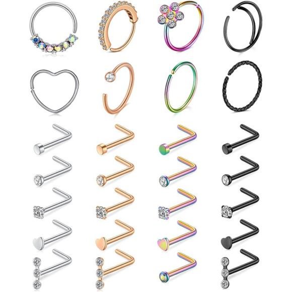 28 Pack Nose Rings Stainless Steel Hoop L Shape Nose Studs Nose Screw Bone - Picture 1 of 2